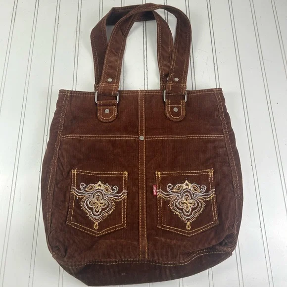 Leviโs Vintage Y2K Brown Corduroy Tote Bag Embroidered Front Pockets Unisex - Picture 2 of 10